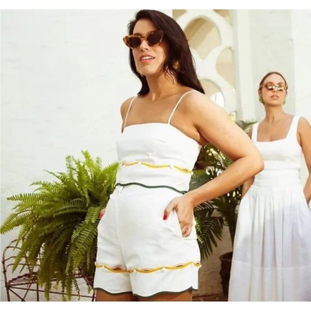 Antonio Melani x The Nat Note Zoe Scalloped Sateen Top White Green Crop Size 6 - Picture 3 of 14